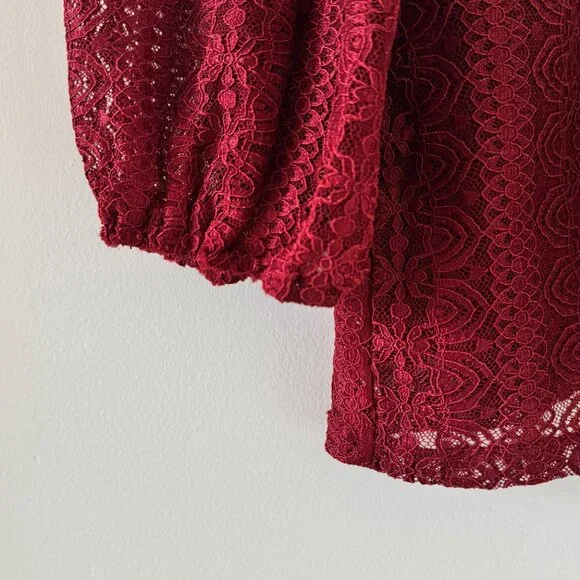 Cable & Gauge Burgundy Lace Blouse Romantic Long Sleeve Top - Picture 8 of 13